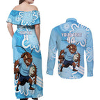 NSW Blues Rugby Custom Couples Matching Off Shoulder Maxi Dress and Long Sleeve Button Shirt Go Cockroaches Aboriginal Art