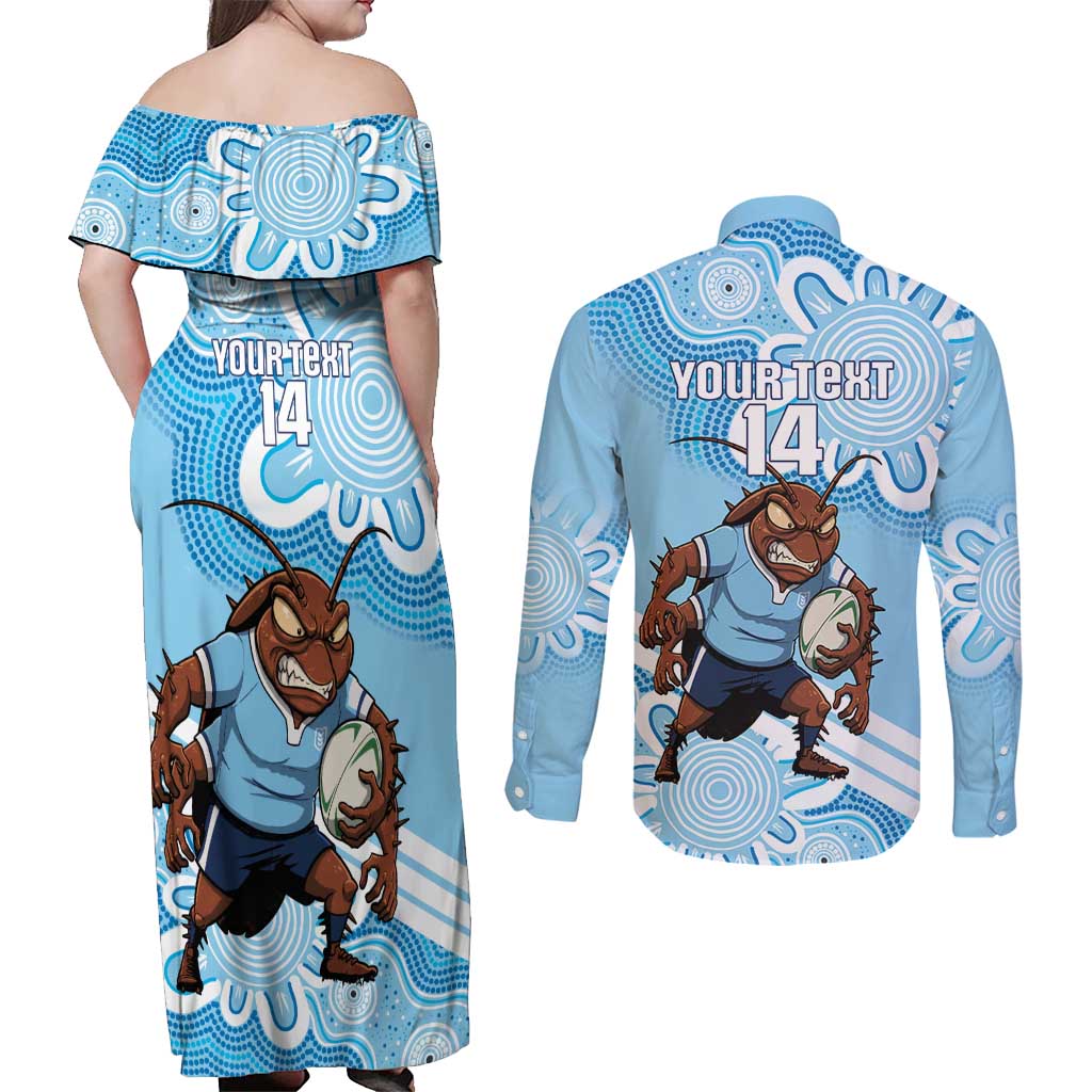 NSW Blues Rugby Custom Couples Matching Off Shoulder Maxi Dress and Long Sleeve Button Shirt Go Cockroaches Aboriginal Art