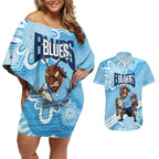 NSW Blues Rugby Custom Couples Matching Off Shoulder Short Dress and Hawaiian Shirt Go Cockroaches Aboriginal Art