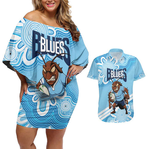 NSW Blues Rugby Custom Couples Matching Off Shoulder Short Dress and Hawaiian Shirt Go Cockroaches Aboriginal Art