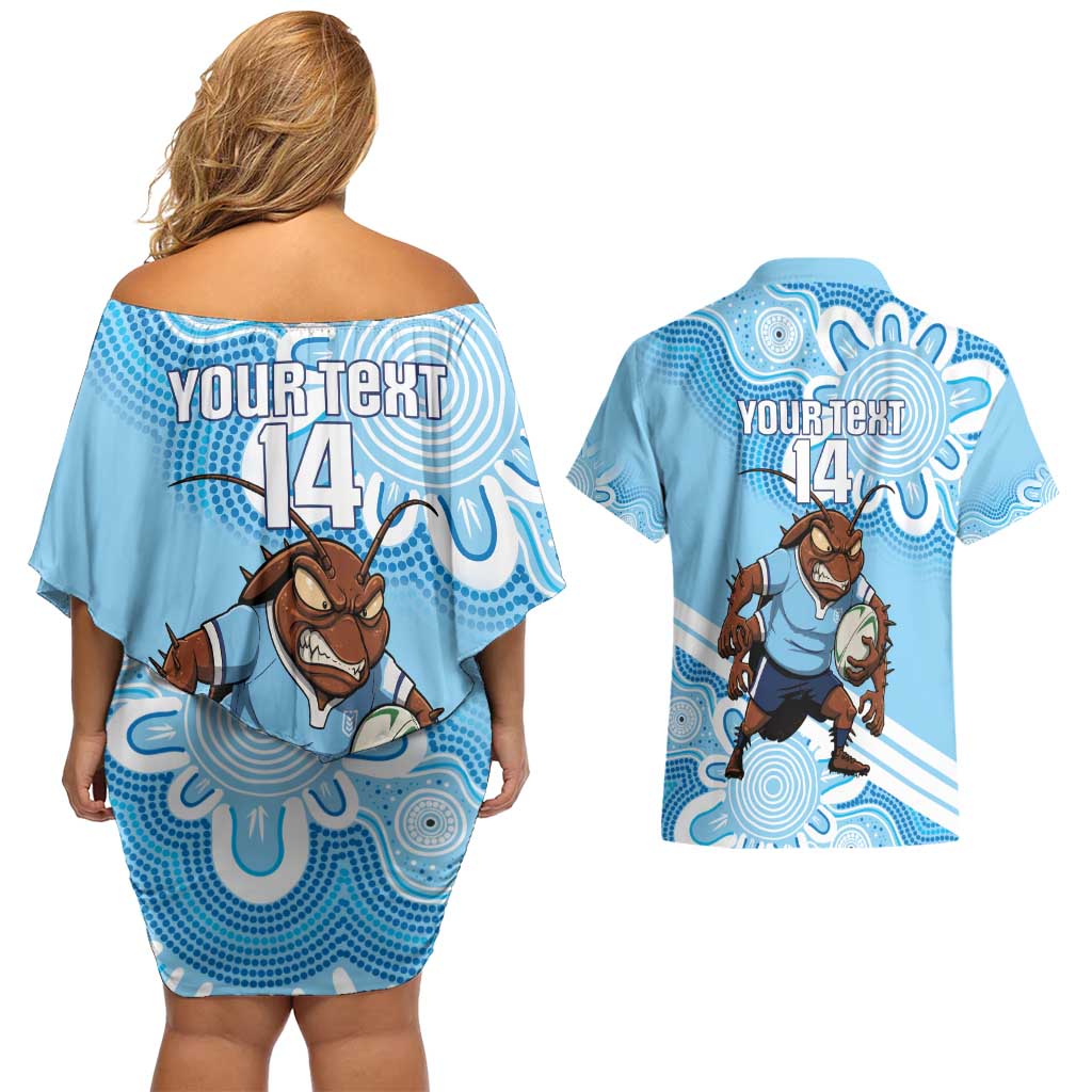 NSW Blues Rugby Custom Couples Matching Off Shoulder Short Dress and Hawaiian Shirt Go Cockroaches Aboriginal Art