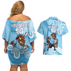 NSW Blues Rugby Custom Couples Matching Off Shoulder Short Dress and Hawaiian Shirt Go Cockroaches Aboriginal Art