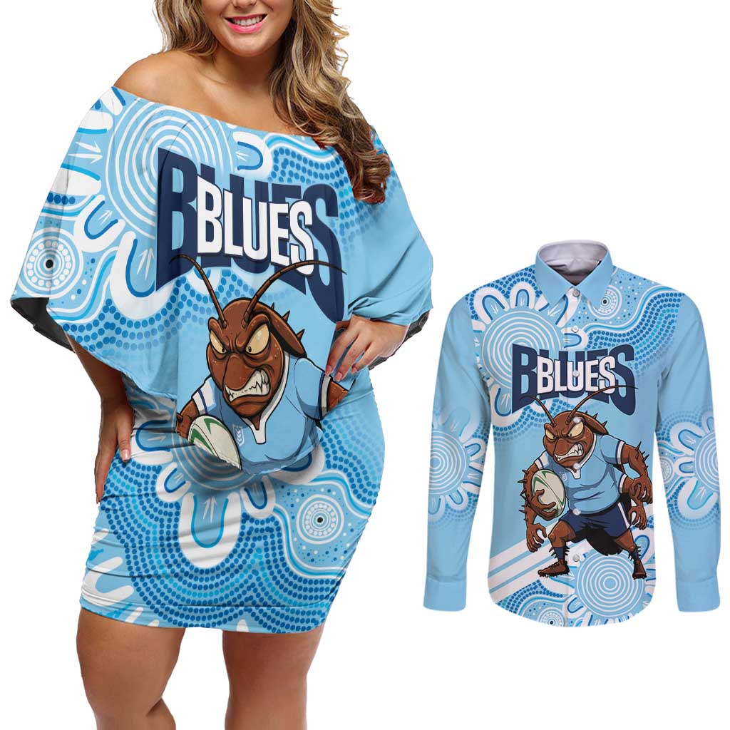 NSW Blues Rugby Custom Couples Matching Off Shoulder Short Dress and Long Sleeve Button Shirt Go Cockroaches Aboriginal Art