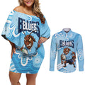 NSW Blues Rugby Custom Couples Matching Off Shoulder Short Dress and Long Sleeve Button Shirt Go Cockroaches Aboriginal Art