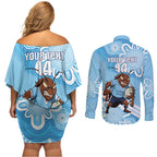 NSW Blues Rugby Custom Couples Matching Off Shoulder Short Dress and Long Sleeve Button Shirt Go Cockroaches Aboriginal Art