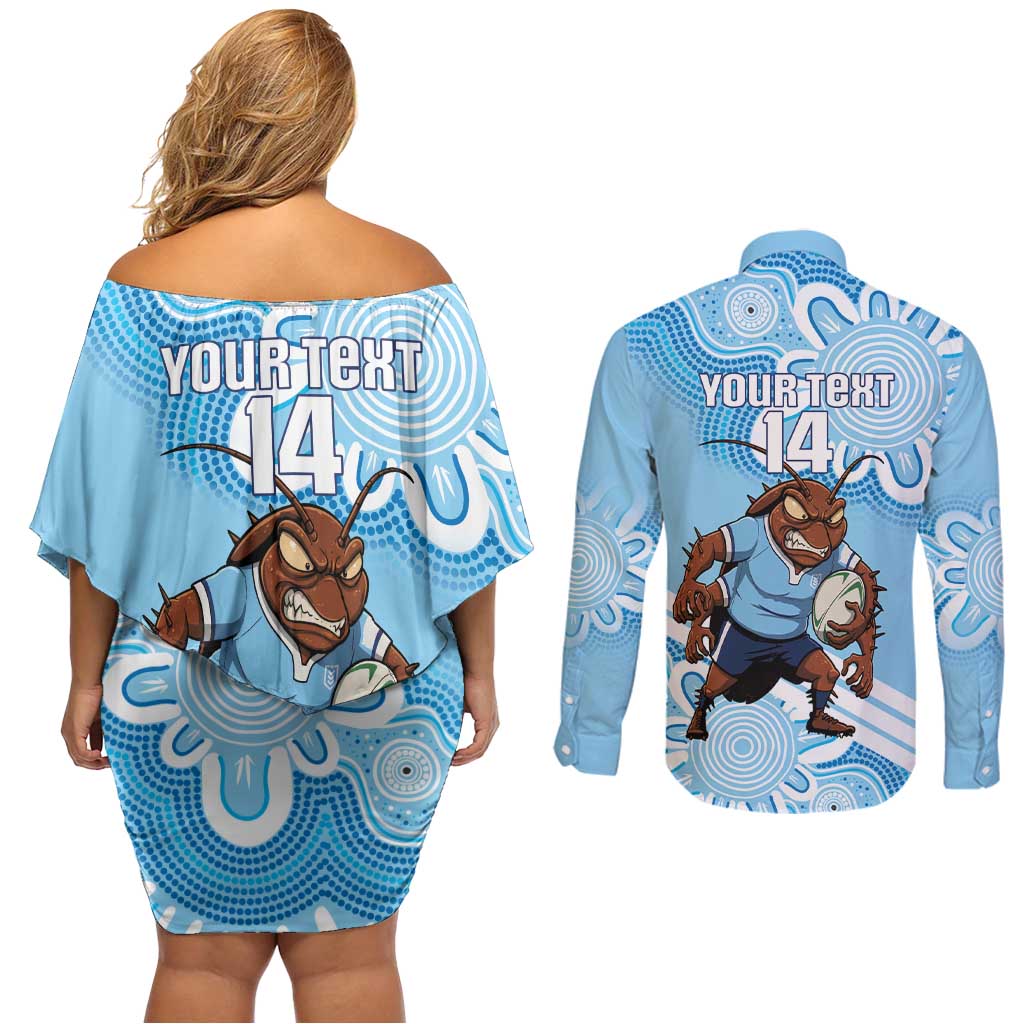 NSW Blues Rugby Custom Couples Matching Off Shoulder Short Dress and Long Sleeve Button Shirt Go Cockroaches Aboriginal Art