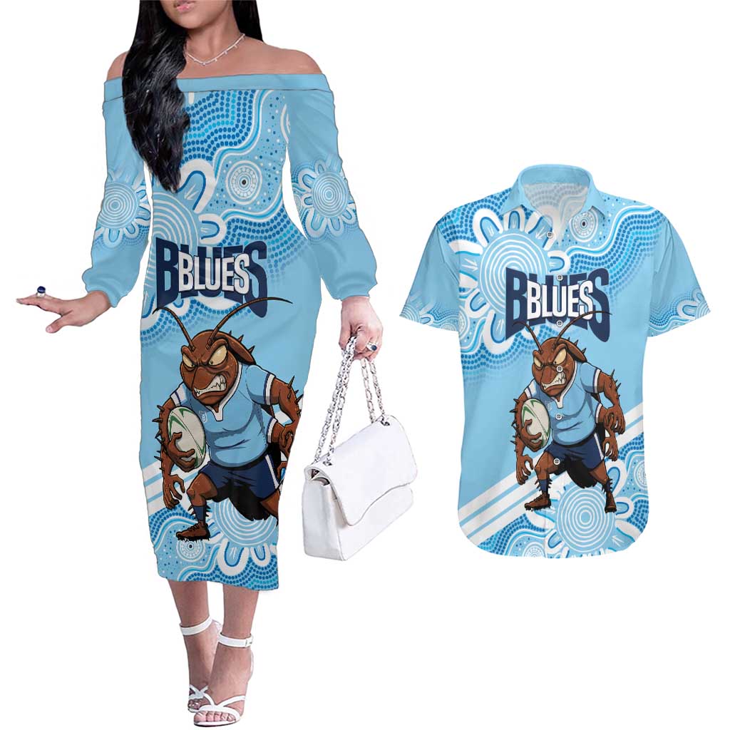 NSW Blues Rugby Custom Couples Matching Off The Shoulder Long Sleeve Dress and Hawaiian Shirt Go Cockroaches Aboriginal Art