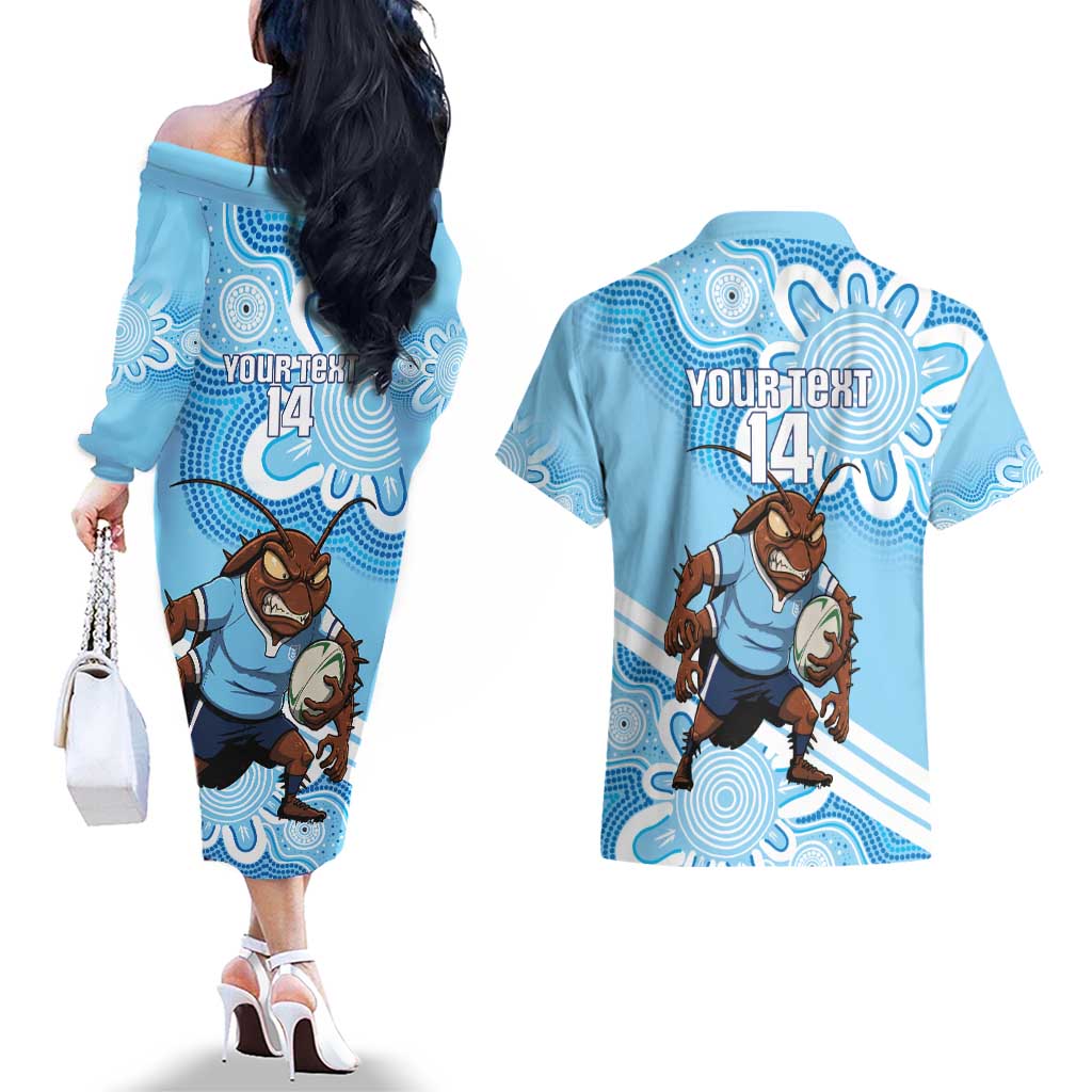 NSW Blues Rugby Custom Couples Matching Off The Shoulder Long Sleeve Dress and Hawaiian Shirt Go Cockroaches Aboriginal Art