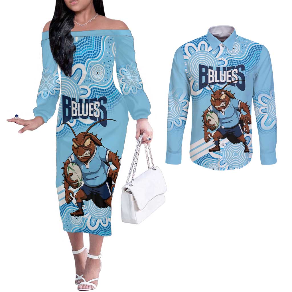 NSW Blues Rugby Custom Couples Matching Off The Shoulder Long Sleeve Dress and Long Sleeve Button Shirt Go Cockroaches Aboriginal Art