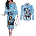 NSW Blues Rugby Custom Couples Matching Off The Shoulder Long Sleeve Dress and Long Sleeve Button Shirt Go Cockroaches Aboriginal Art
