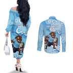 NSW Blues Rugby Custom Couples Matching Off The Shoulder Long Sleeve Dress and Long Sleeve Button Shirt Go Cockroaches Aboriginal Art