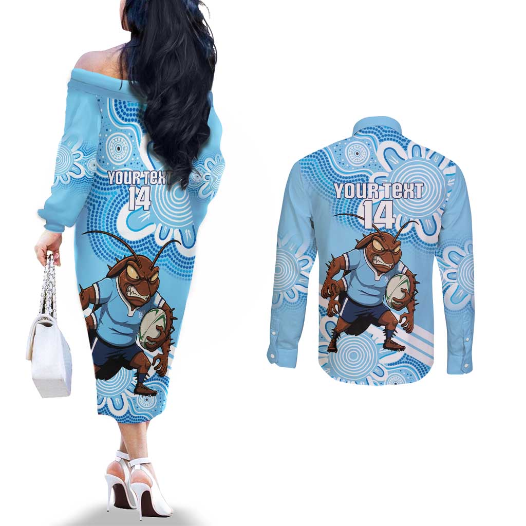NSW Blues Rugby Custom Couples Matching Off The Shoulder Long Sleeve Dress and Long Sleeve Button Shirt Go Cockroaches Aboriginal Art