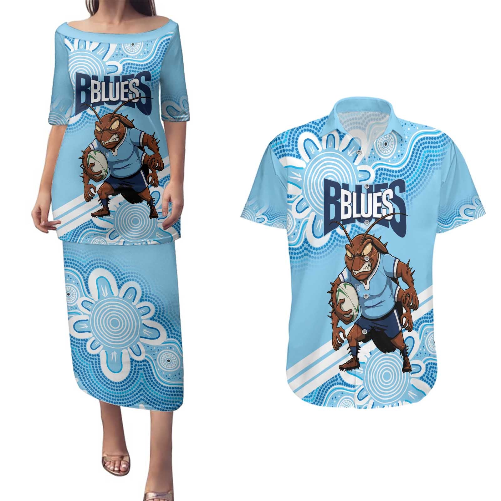 NSW Blues Rugby Custom Couples Matching Puletasi and Hawaiian Shirt Go Cockroaches Aboriginal Art