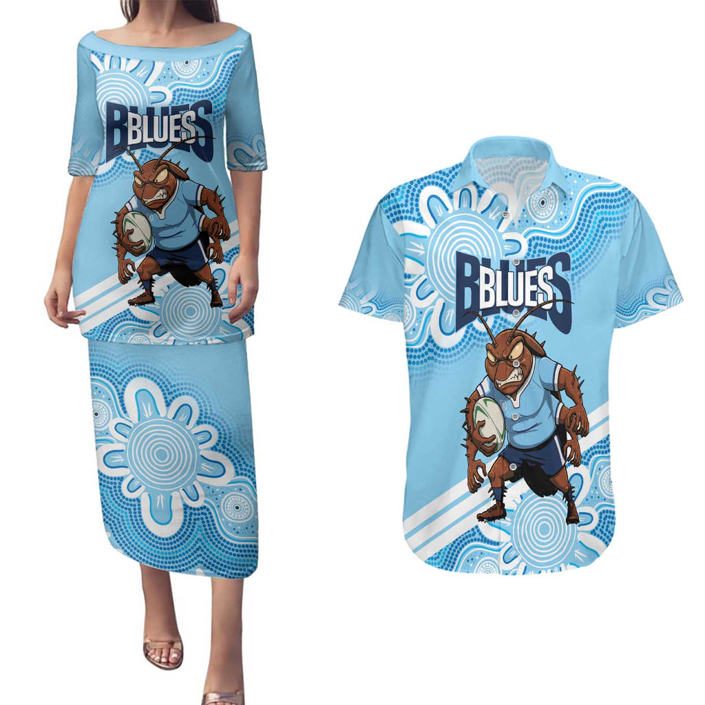 NSW Blues Rugby Custom Couples Matching Puletasi and Hawaiian Shirt Go Cockroaches Aboriginal Art