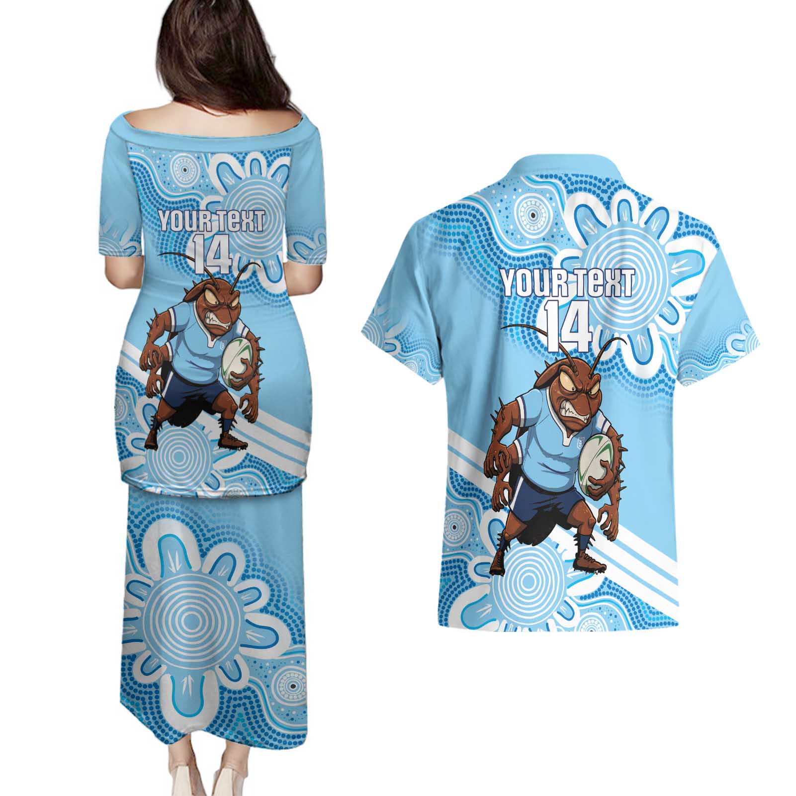 NSW Blues Rugby Custom Couples Matching Puletasi and Hawaiian Shirt Go Cockroaches Aboriginal Art