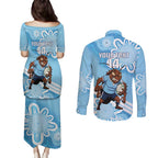 NSW Blues Rugby Custom Couples Matching Puletasi and Long Sleeve Button Shirt Go Cockroaches Aboriginal Art