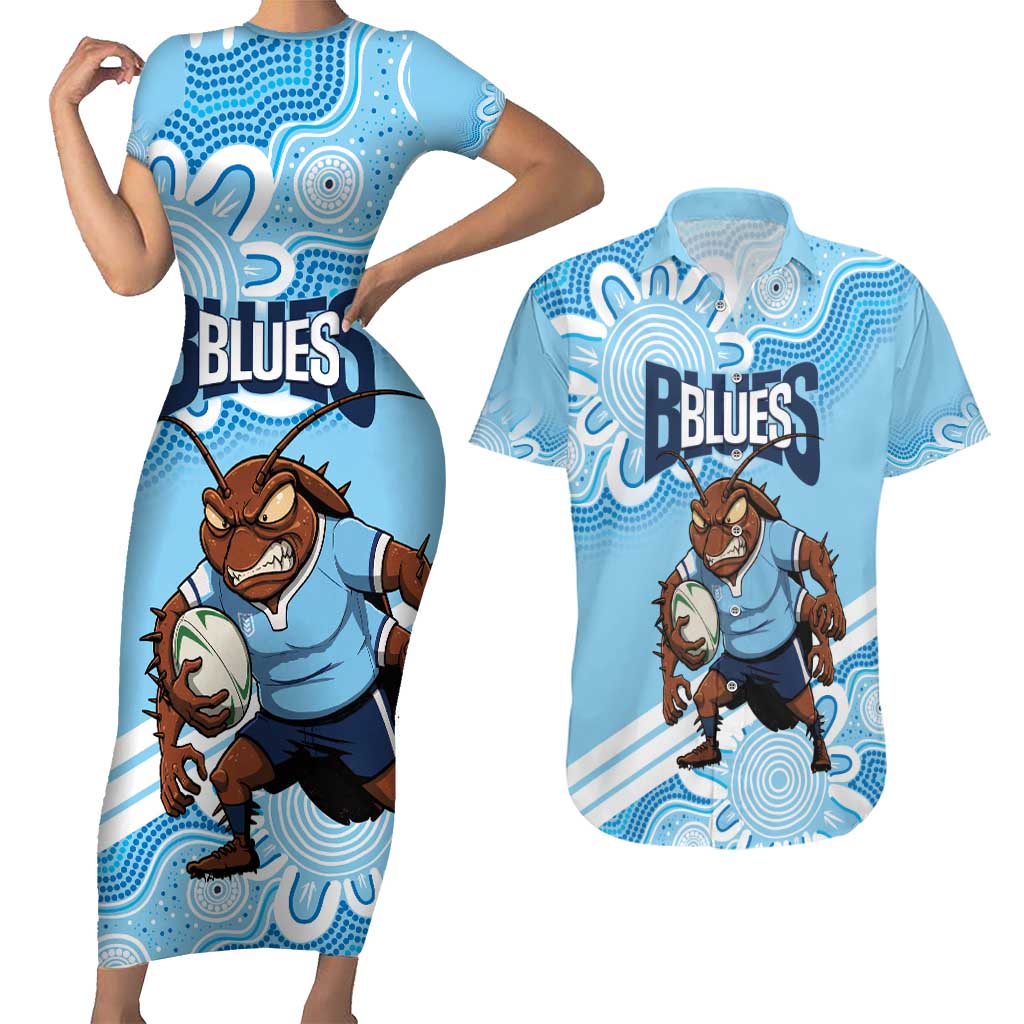 NSW Blues Rugby Custom Couples Matching Short Sleeve Bodycon Dress and Hawaiian Shirt Go Cockroaches Aboriginal Art