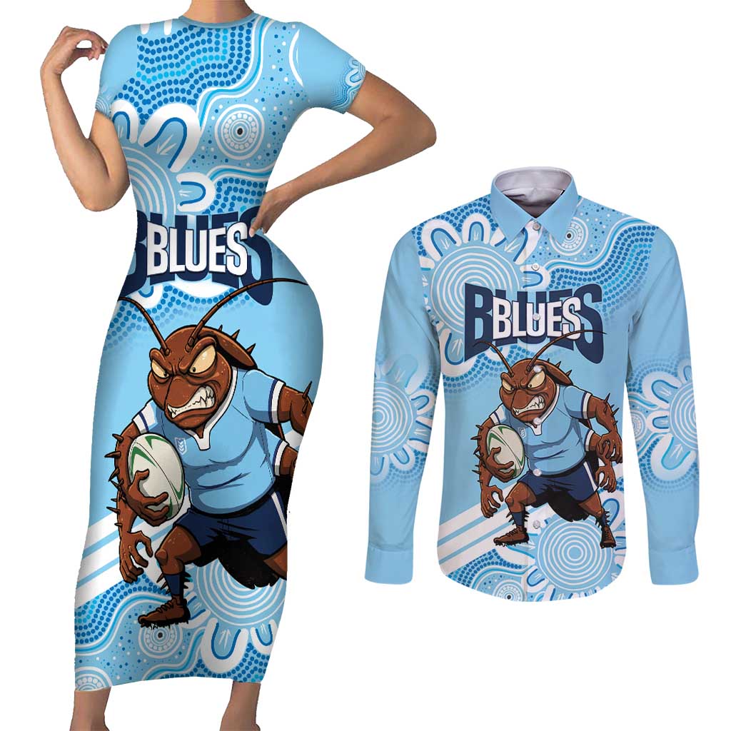 NSW Blues Rugby Custom Couples Matching Short Sleeve Bodycon Dress and Long Sleeve Button Shirt Go Cockroaches Aboriginal Art
