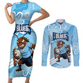NSW Blues Rugby Custom Couples Matching Short Sleeve Bodycon Dress and Long Sleeve Button Shirt Go Cockroaches Aboriginal Art