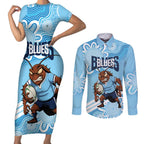 NSW Blues Rugby Custom Couples Matching Short Sleeve Bodycon Dress and Long Sleeve Button Shirt Go Cockroaches Aboriginal Art
