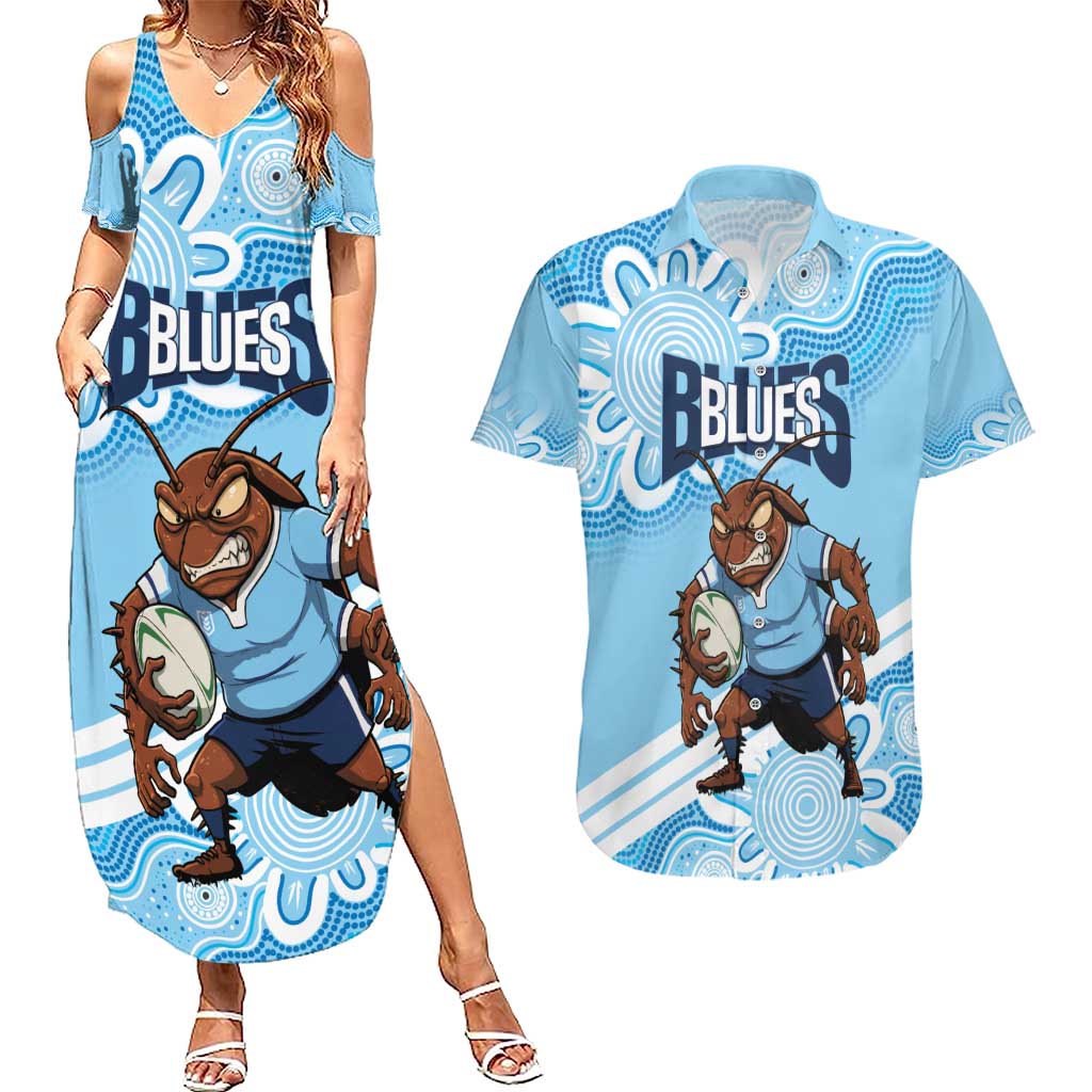 NSW Blues Rugby Custom Couples Matching Summer Maxi Dress and Hawaiian Shirt Go Cockroaches Aboriginal Art