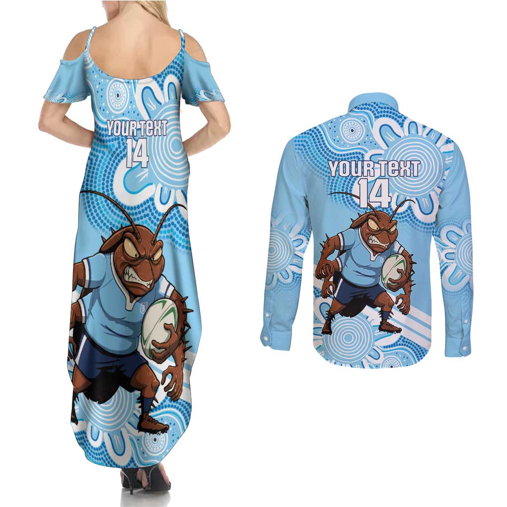 NSW Blues Rugby Custom Couples Matching Summer Maxi Dress and Long Sleeve Button Shirt Go Cockroaches Aboriginal Art