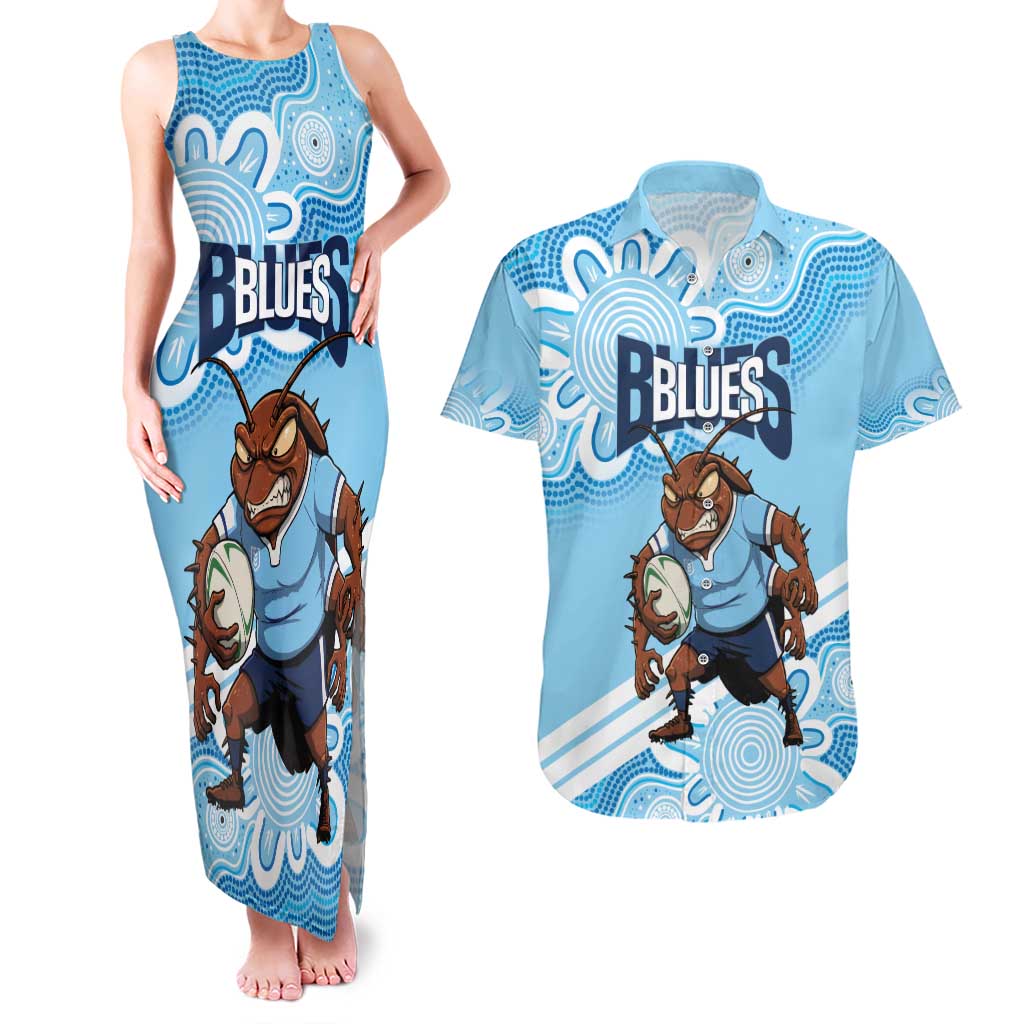 NSW Blues Rugby Custom Couples Matching Tank Maxi Dress and Hawaiian Shirt Go Cockroaches Aboriginal Art