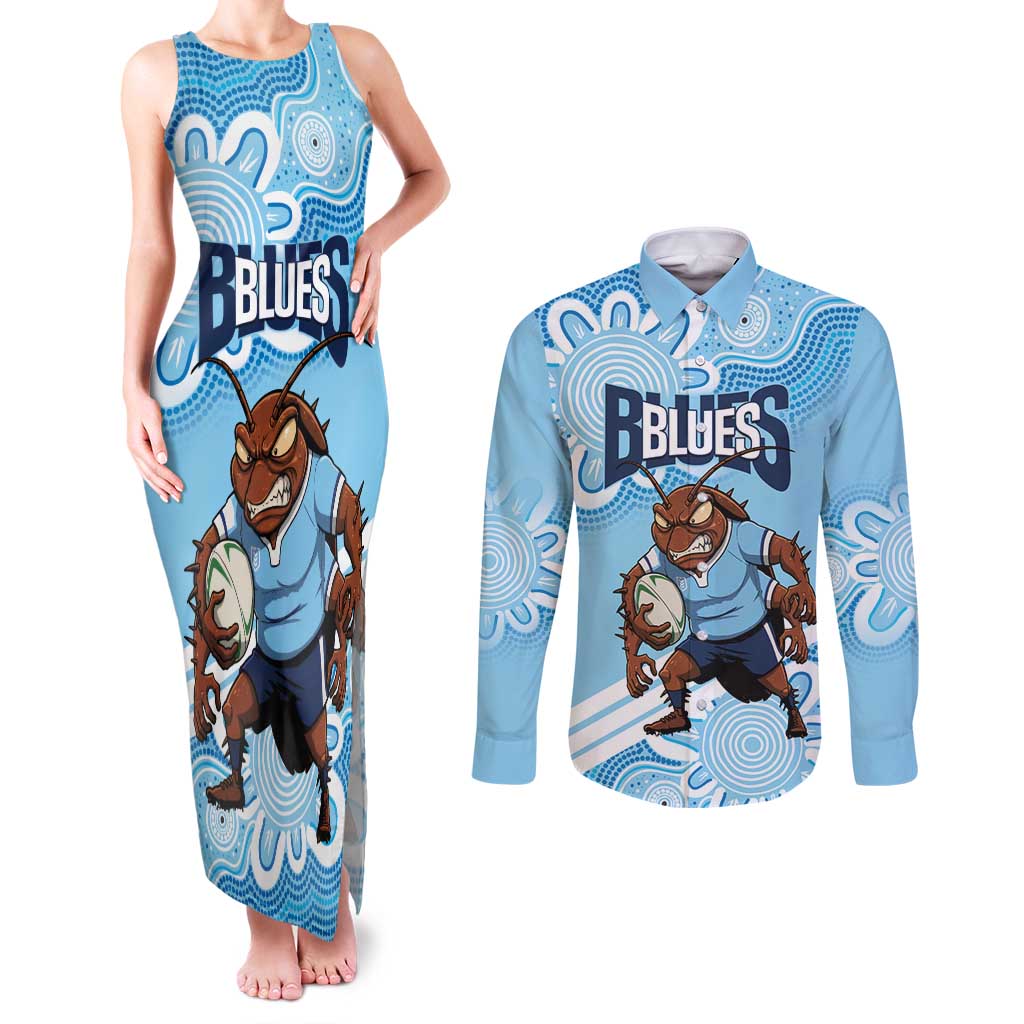 NSW Blues Rugby Custom Couples Matching Tank Maxi Dress and Long Sleeve Button Shirt Go Cockroaches Aboriginal Art