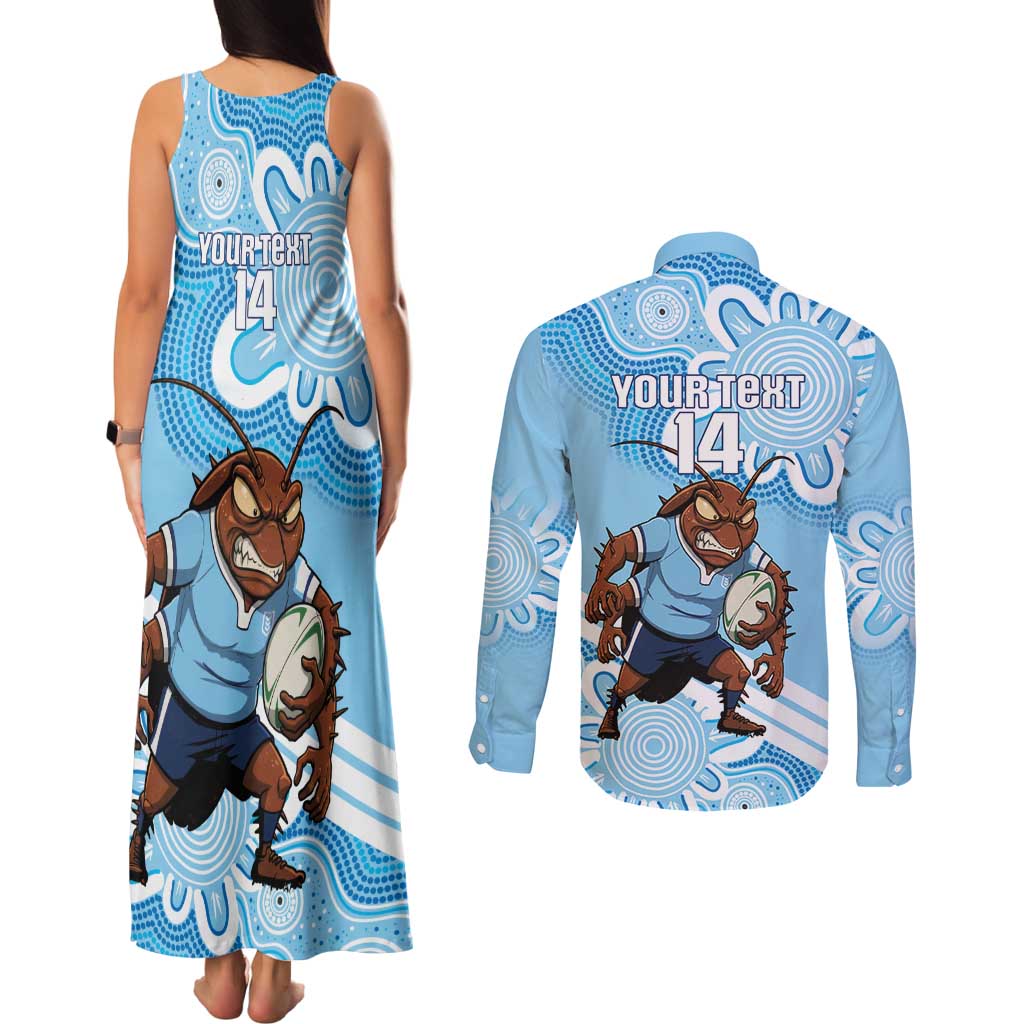 NSW Blues Rugby Custom Couples Matching Tank Maxi Dress and Long Sleeve Button Shirt Go Cockroaches Aboriginal Art