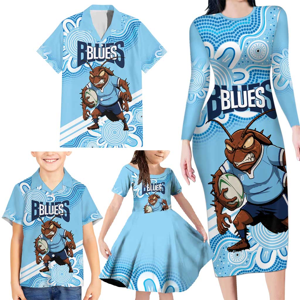 NSW Blues Rugby Custom Family Matching Long Sleeve Bodycon Dress and Hawaiian Shirt Go Cockroaches Aboriginal Art