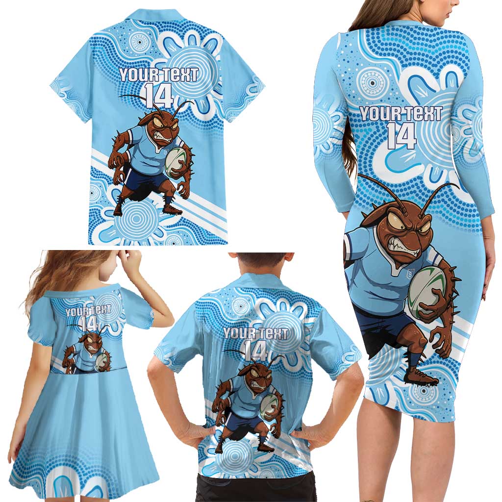 NSW Blues Rugby Custom Family Matching Long Sleeve Bodycon Dress and Hawaiian Shirt Go Cockroaches Aboriginal Art