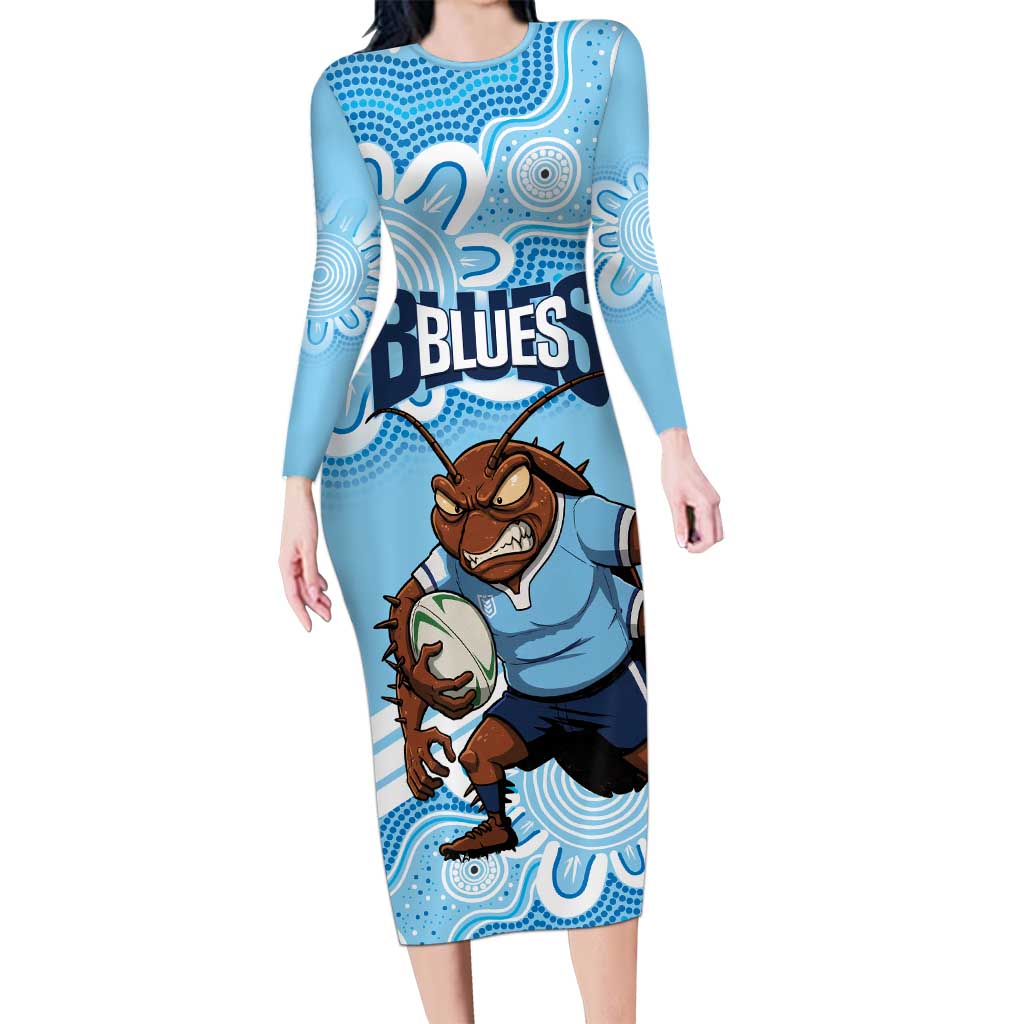 NSW Blues Rugby Custom Family Matching Long Sleeve Bodycon Dress and Hawaiian Shirt Go Cockroaches Aboriginal Art