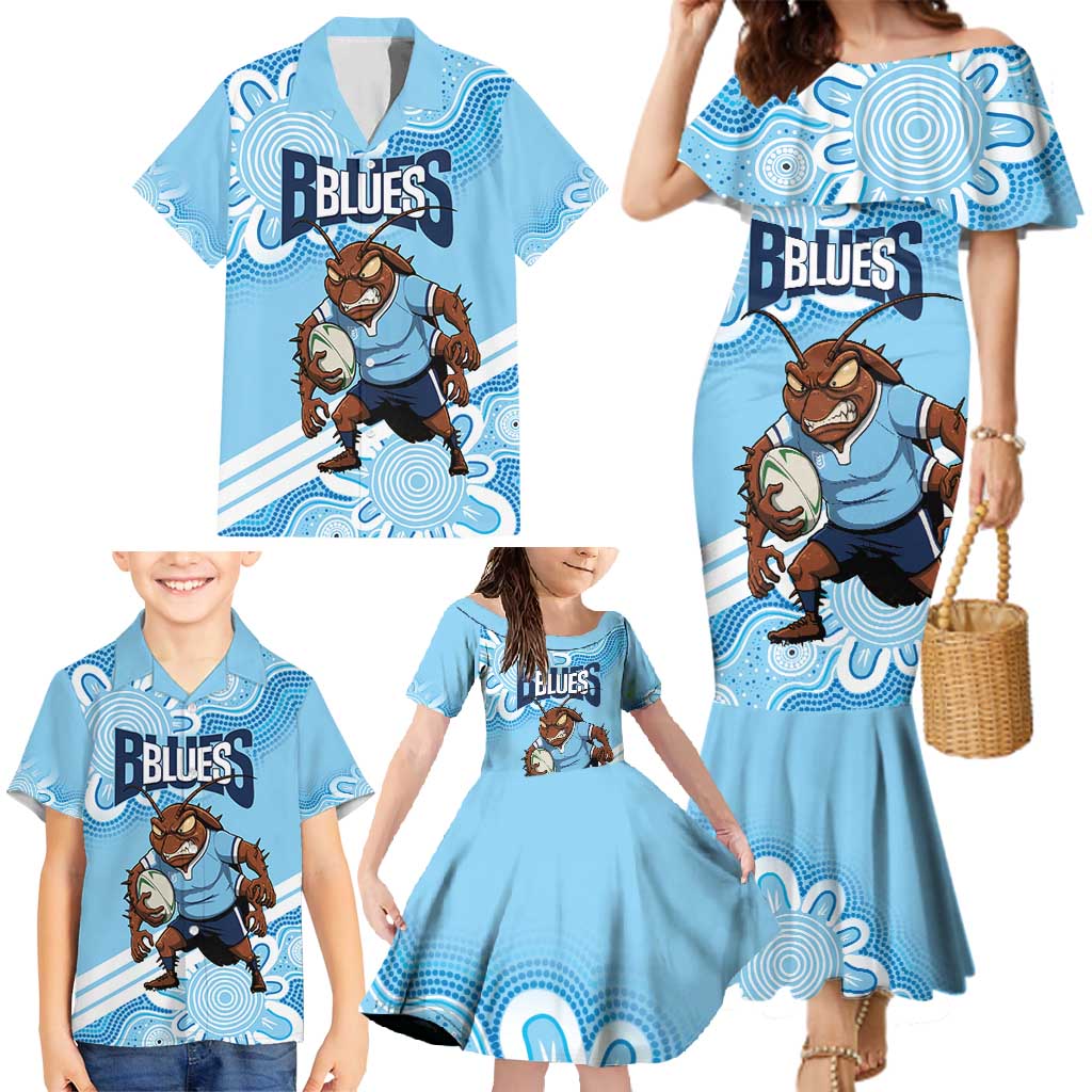 NSW Blues Rugby Custom Family Matching Mermaid Dress and Hawaiian Shirt Go Cockroaches Aboriginal Art