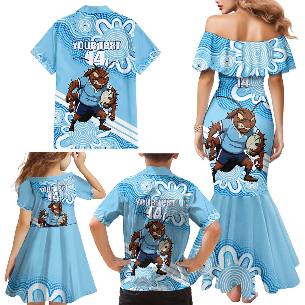 NSW Blues Rugby Custom Family Matching Mermaid Dress and Hawaiian Shirt Go Cockroaches Aboriginal Art