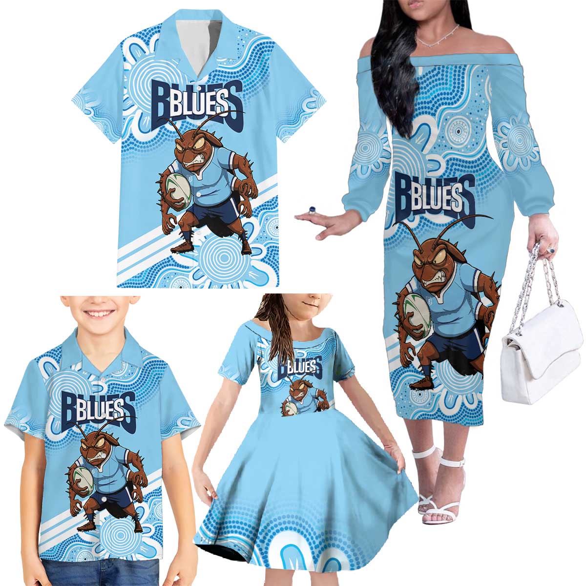 NSW Blues Rugby Custom Family Matching Off The Shoulder Long Sleeve Dress and Hawaiian Shirt Go Cockroaches Aboriginal Art