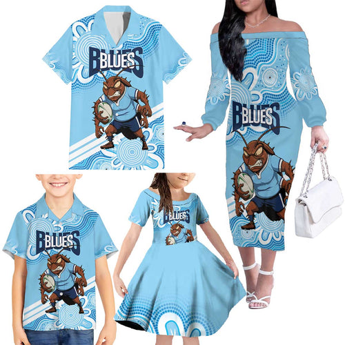 NSW Blues Rugby Custom Family Matching Off The Shoulder Long Sleeve Dress and Hawaiian Shirt Go Cockroaches Aboriginal Art