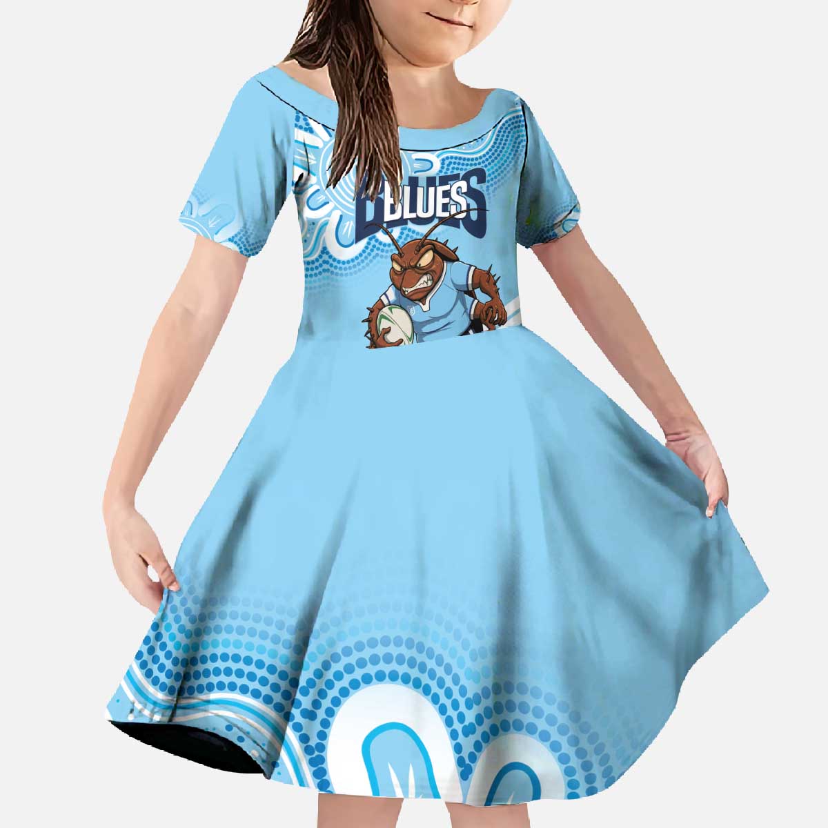 NSW Blues Rugby Custom Family Matching Off The Shoulder Long Sleeve Dress and Hawaiian Shirt Go Cockroaches Aboriginal Art