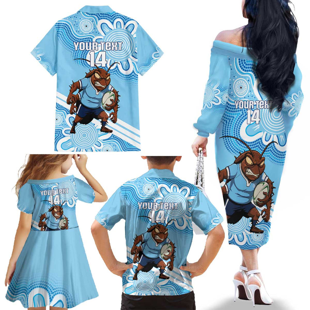 NSW Blues Rugby Custom Family Matching Off The Shoulder Long Sleeve Dress and Hawaiian Shirt Go Cockroaches Aboriginal Art