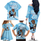NSW Blues Rugby Custom Family Matching Off The Shoulder Long Sleeve Dress and Hawaiian Shirt Go Cockroaches Aboriginal Art