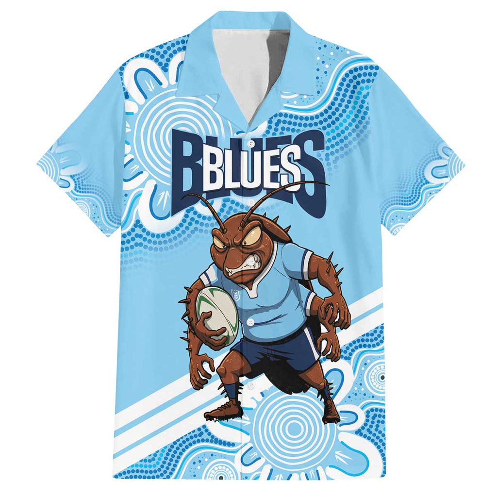 NSW Blues Rugby Custom Family Matching Off The Shoulder Long Sleeve Dress and Hawaiian Shirt Go Cockroaches Aboriginal Art