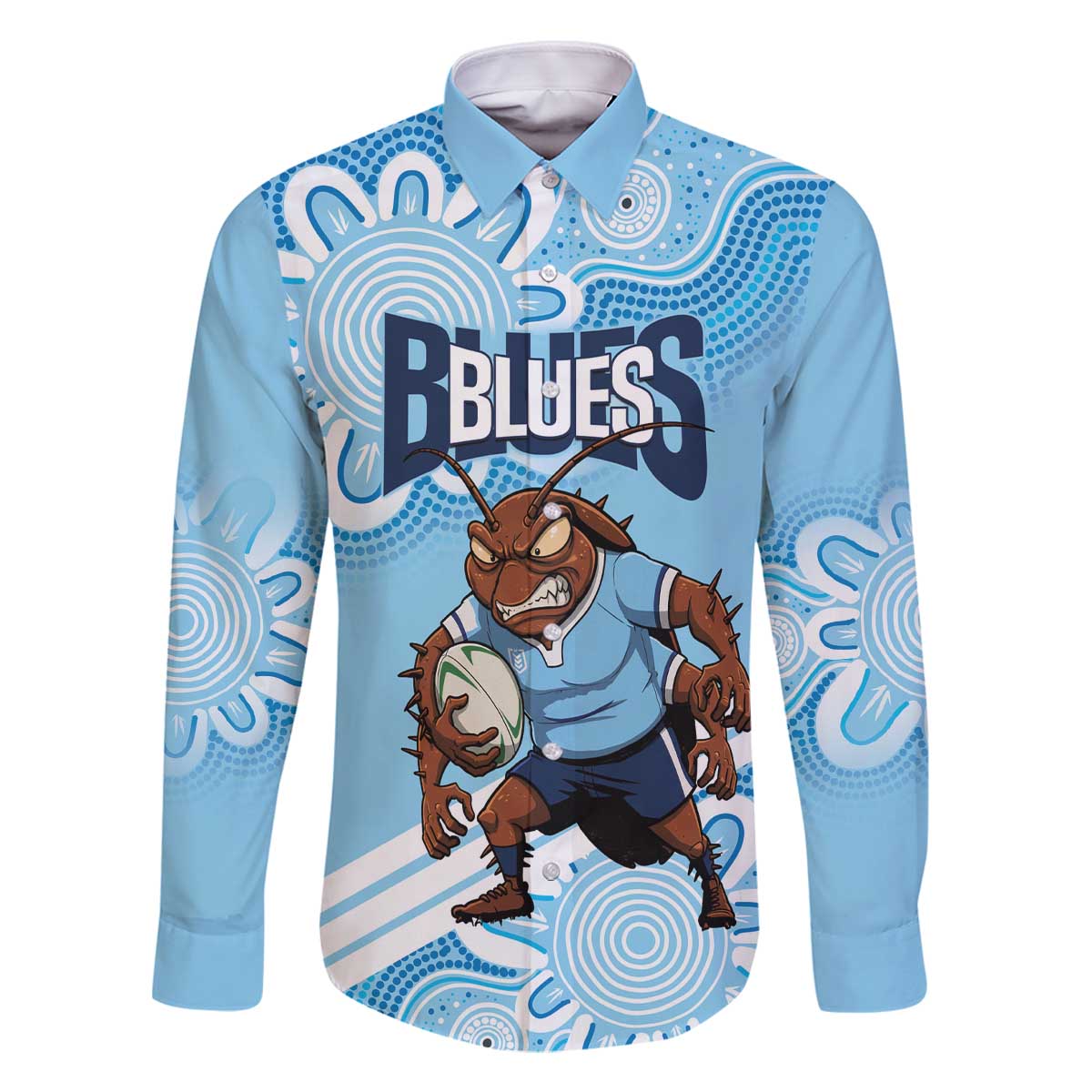 NSW Blues Rugby Custom Family Matching Off The Shoulder Long Sleeve Dress and Hawaiian Shirt Go Cockroaches Aboriginal Art