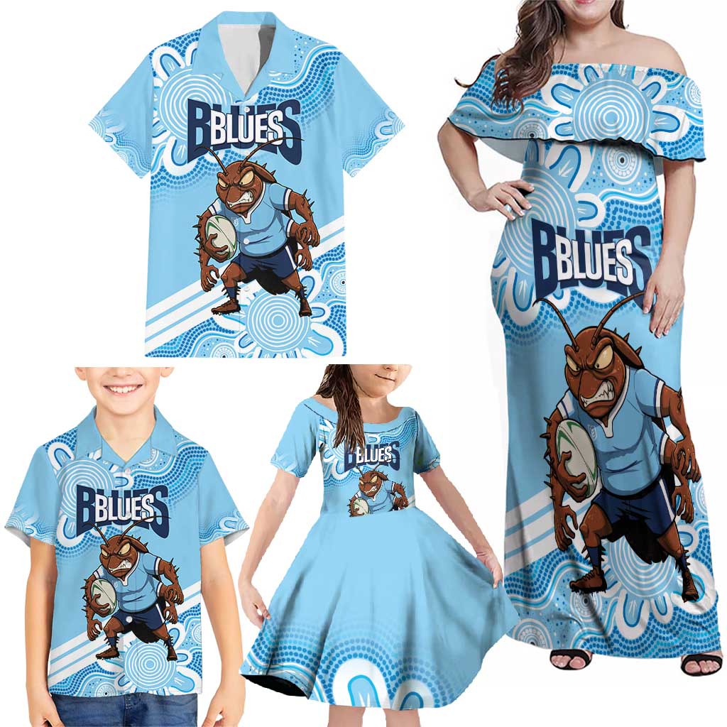 NSW Blues Rugby Custom Family Matching Off Shoulder Maxi Dress and Hawaiian Shirt Go Cockroaches Aboriginal Art
