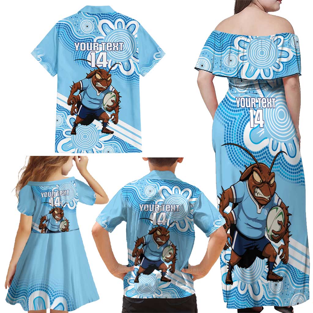 NSW Blues Rugby Custom Family Matching Off Shoulder Maxi Dress and Hawaiian Shirt Go Cockroaches Aboriginal Art