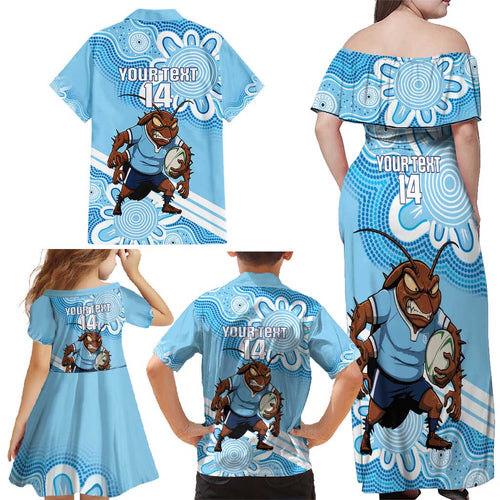 NSW Blues Rugby Custom Family Matching Off Shoulder Maxi Dress and Hawaiian Shirt Go Cockroaches Aboriginal Art