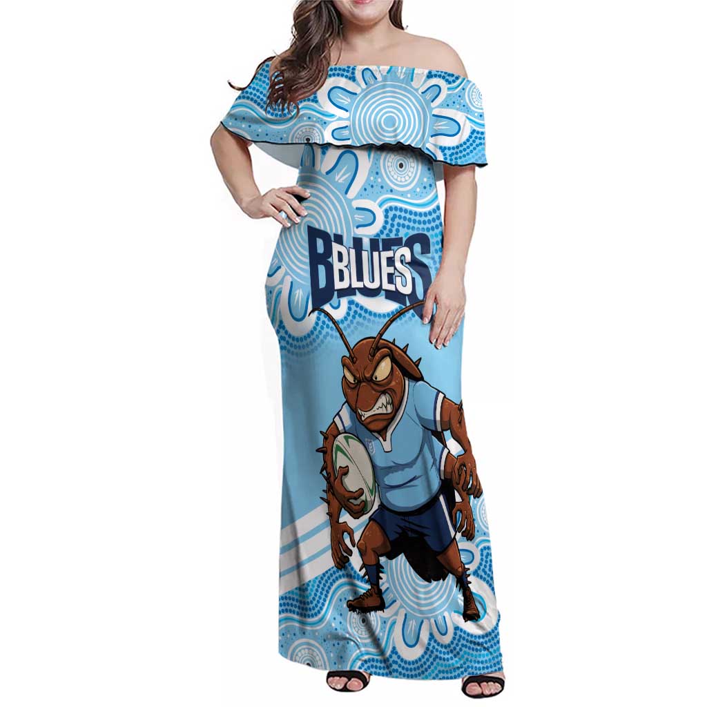 NSW Blues Rugby Custom Family Matching Off Shoulder Maxi Dress and Hawaiian Shirt Go Cockroaches Aboriginal Art