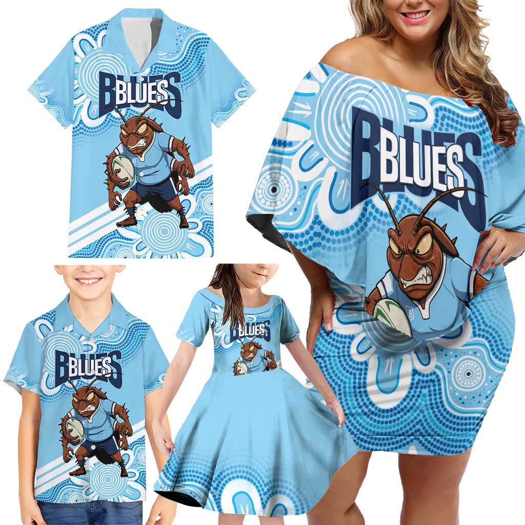 NSW Blues Rugby Custom Family Matching Off Shoulder Short Dress and Hawaiian Shirt Go Cockroaches Aboriginal Art