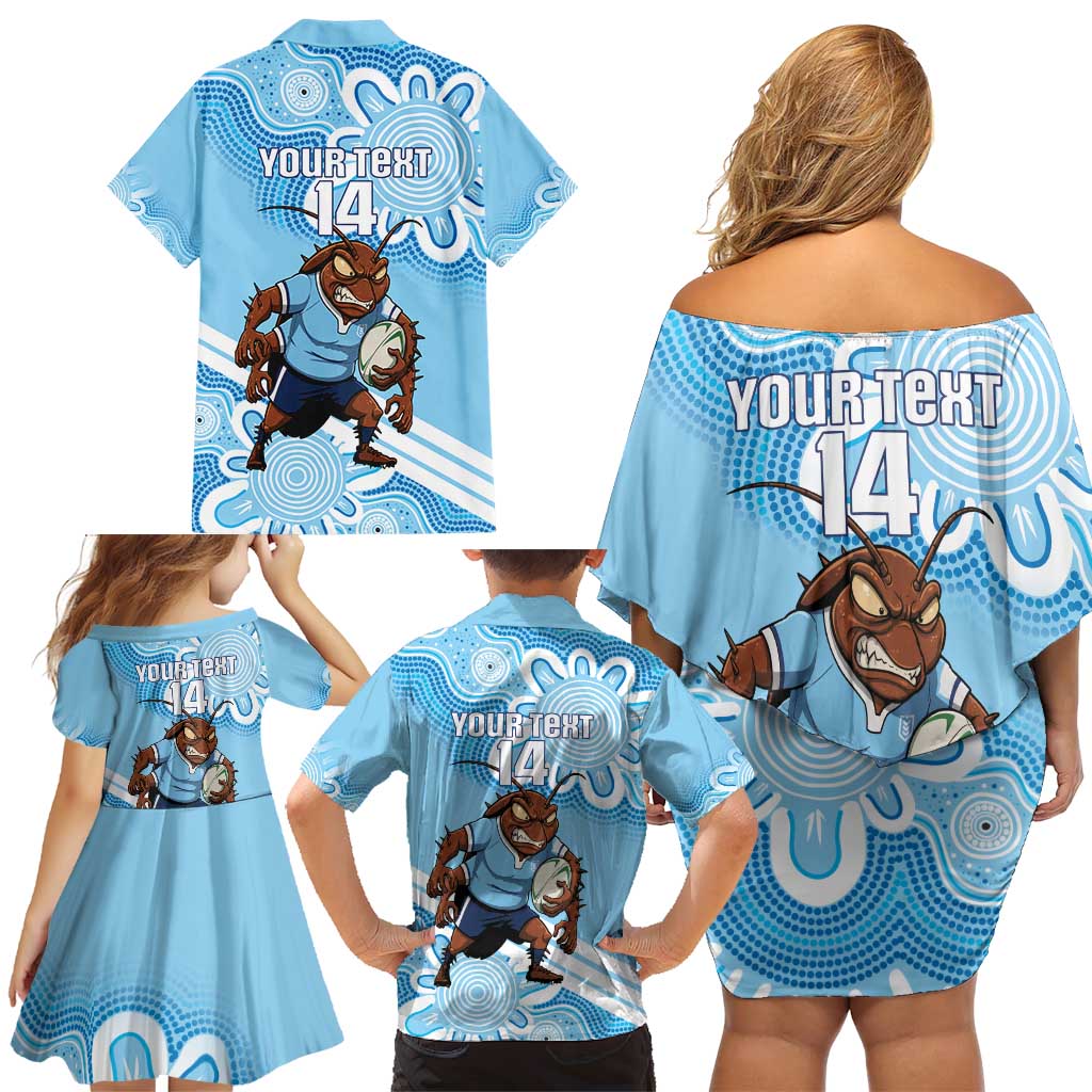 NSW Blues Rugby Custom Family Matching Off Shoulder Short Dress and Hawaiian Shirt Go Cockroaches Aboriginal Art
