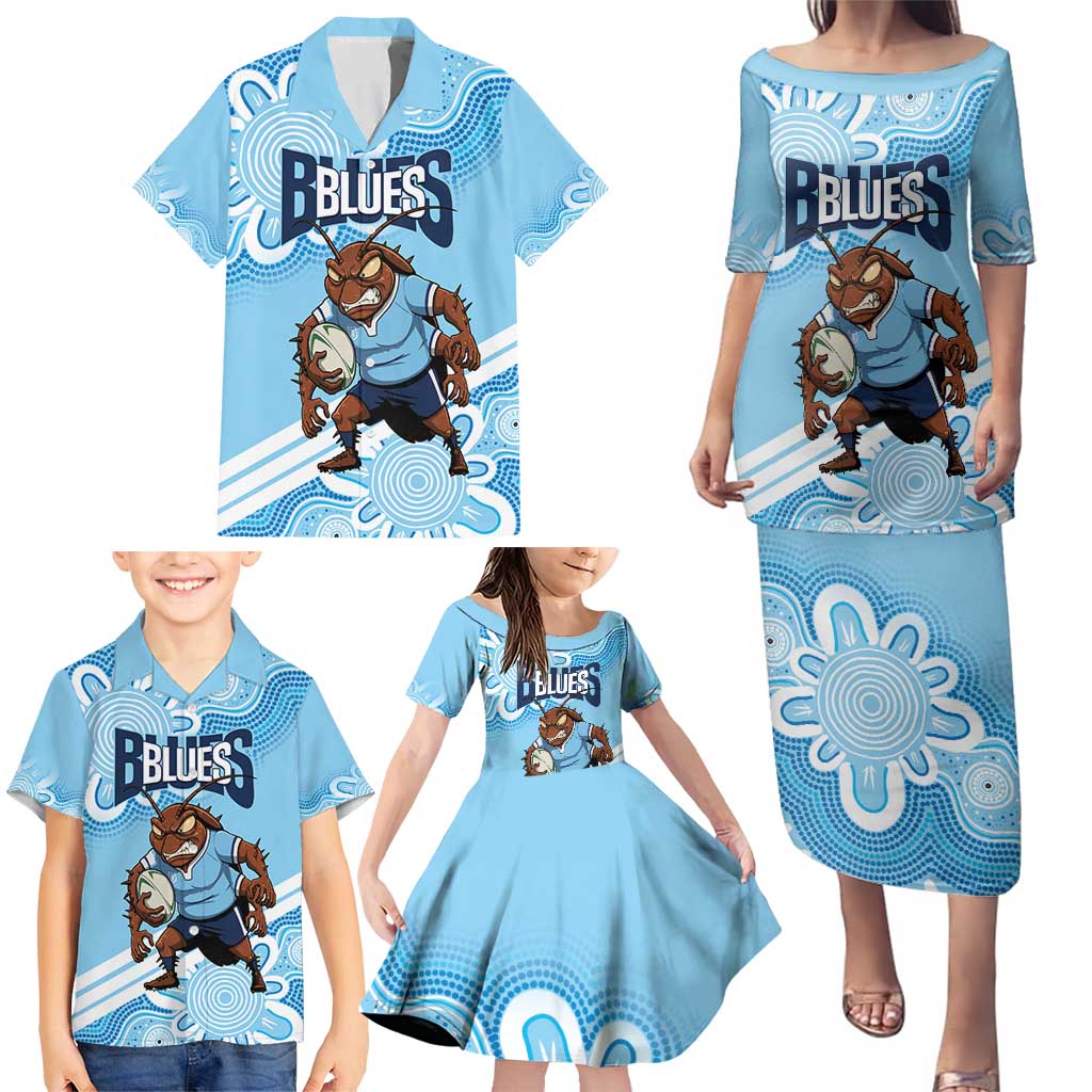 NSW Blues Rugby Custom Family Matching Puletasi and Hawaiian Shirt Go Cockroaches Aboriginal Art