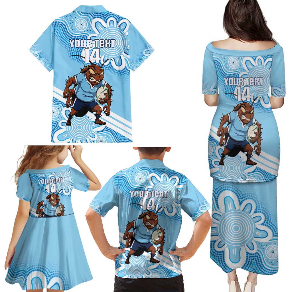NSW Blues Rugby Custom Family Matching Puletasi and Hawaiian Shirt Go Cockroaches Aboriginal Art
