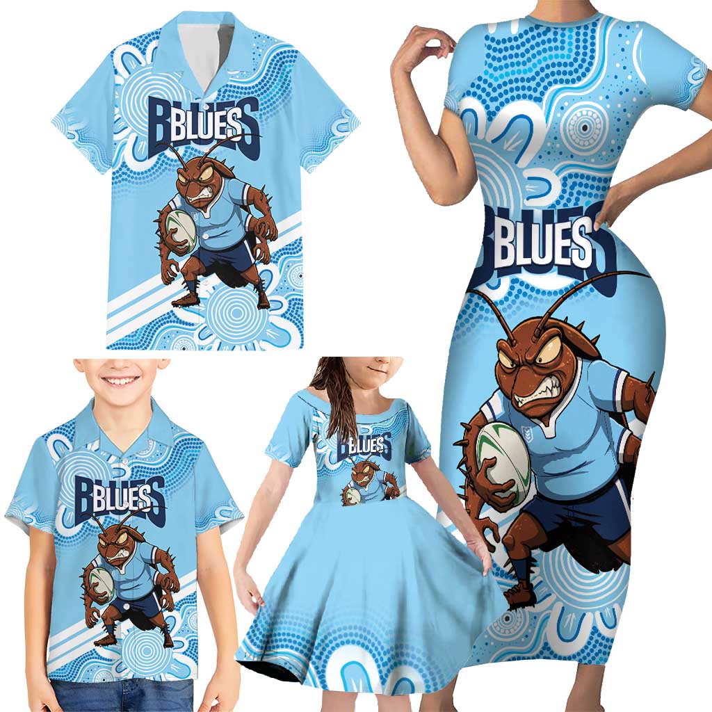 NSW Blues Rugby Custom Family Matching Short Sleeve Bodycon Dress and Hawaiian Shirt Go Cockroaches Aboriginal Art